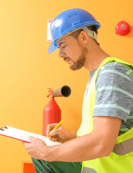 Tecnico con casco e gilet ad alta visibilità che compila la scheda di controllo di un estintore