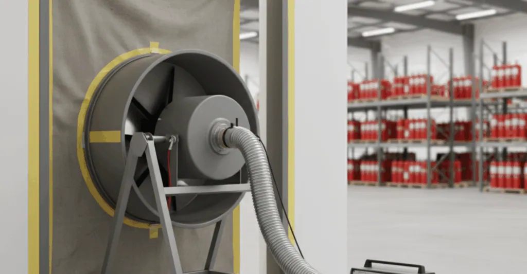 Telo con ventilatore installato su una porta per la prova di tenuta