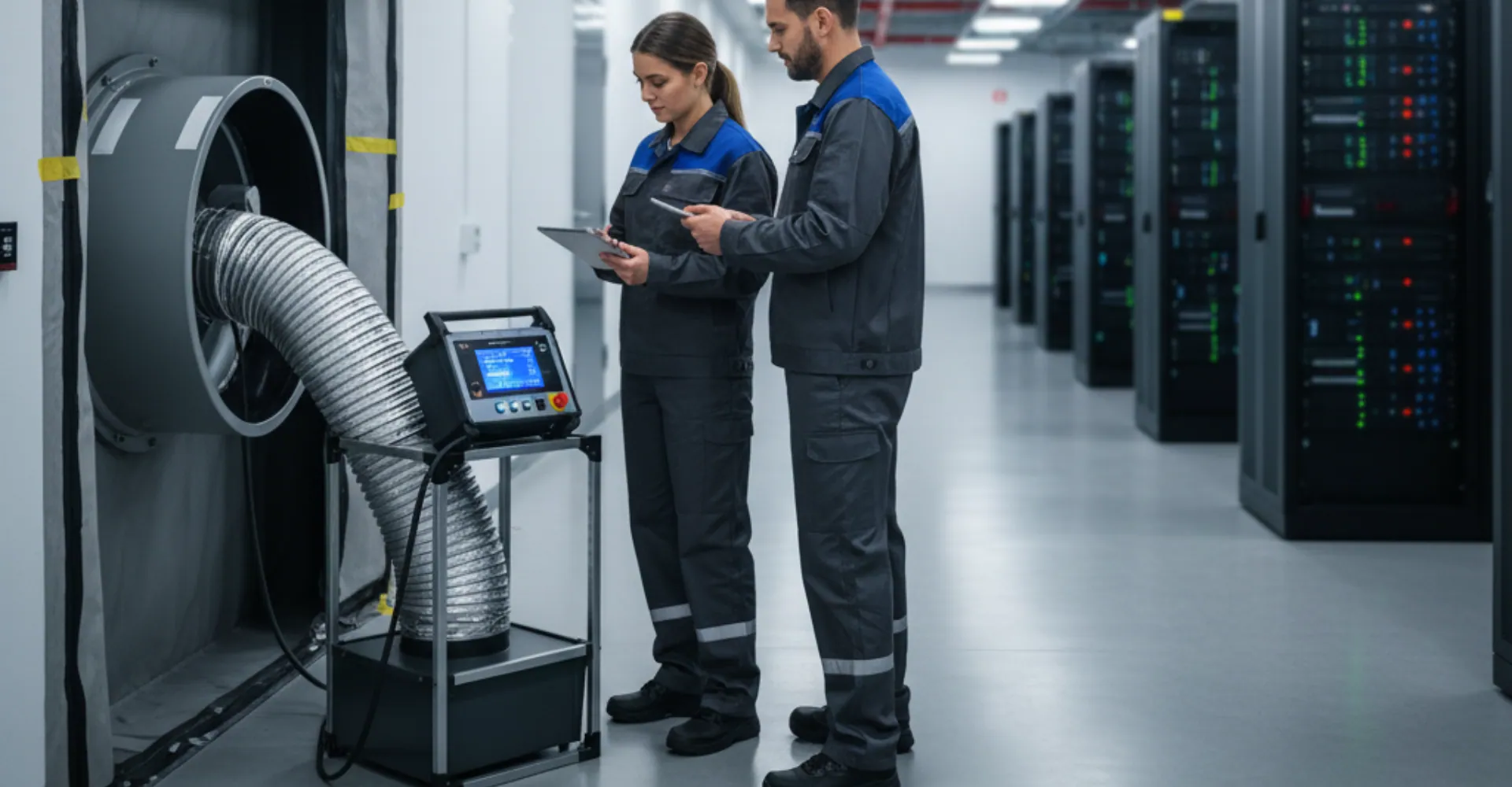 Tecnici che eseguono il Door Fan Test in una sala server