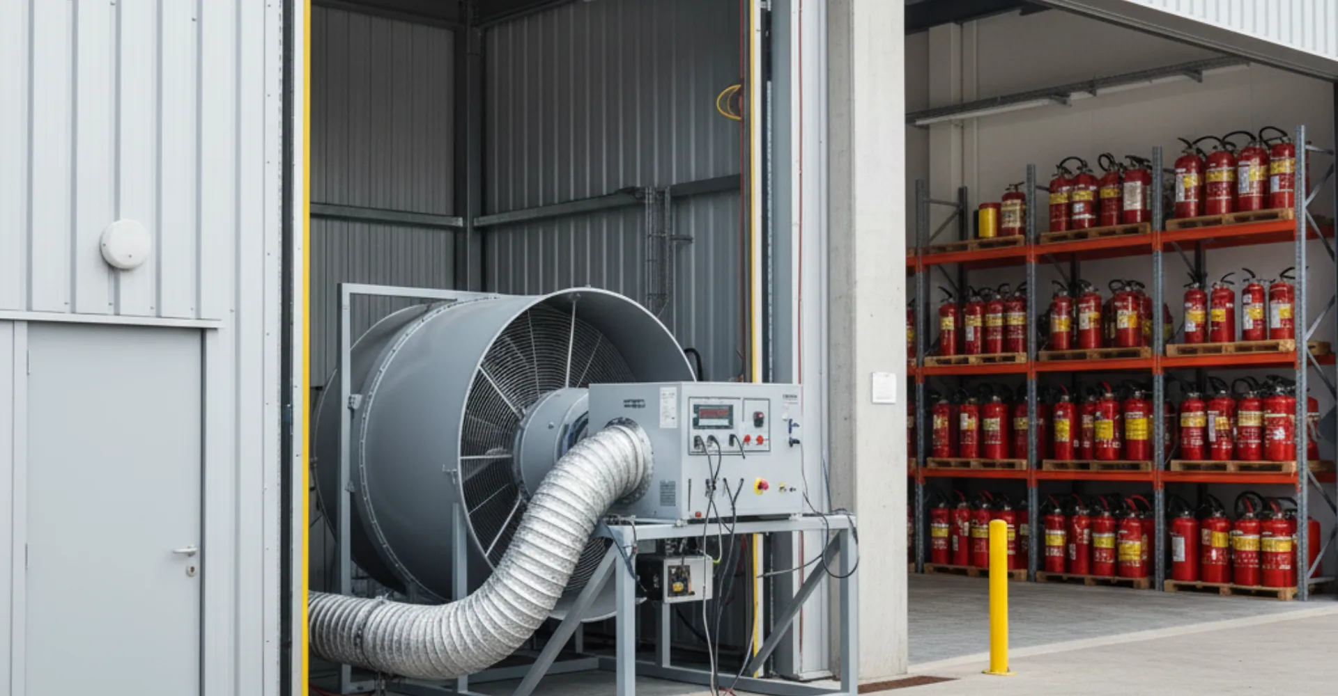 Ventilatore per il Door Fan Test montato sull’ingresso di un magazzino di estintori